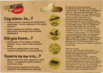 Tył brązowego opakowania naturalnego zmywaka kuchennego. Widoczne ikony i tekst w kilku językach, w tym „Did you know...?”.