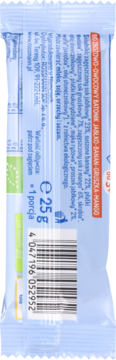 Tył opakowania batonika owocowego BIO Genuss Plus Kids 25g, z jabłkiem, bananem, gruszką i mango, widoczny kod kreskowy.