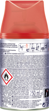 Tył opakowania aerozolu odświeżacza powietrza z czerwoną górą, etykieta z symbolem łatwopalności i objętością 250 ml.