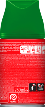Tył wkładu Air Wick Grzane Wino 250ml, zielono-czerwone opakowanie z tekstem i piktogramami ostrzegawczymi.