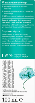 Tył zielono-turkusowego opakowania peelingu Tołpa do skóry głowy 100ml. Widoczne instrukcje, skład i efekty.