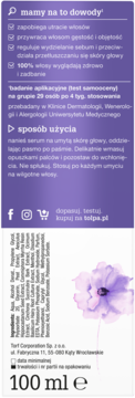 Tył serum tołpa 100 ml, fioletowo-białe, z polskim opisem działania na porost włosów i użycia.