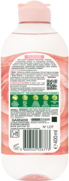 Tył butelki płynu micelarnego Garnier z różaną wodą, 400ml, widoczny kod kreskowy i etykieta w języku polskim.