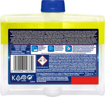 Tył butelki płynu do czyszczenia zmywarki Finish 250ml, dwuwarstwowy, z kodem kreskowym i informacjami.