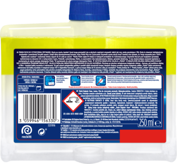 Tył butelki Finish płynu do czyszczenia zmywarki 350ml. Widoczna żółta warstwa, ciemnoniebieska etykieta z tekstem i kodem.