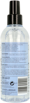 Tył przezroczystej butelki toniku do twarzy Ziaja Jeju 200ml z czarnym atomizerem i etykietą ze składnikami.