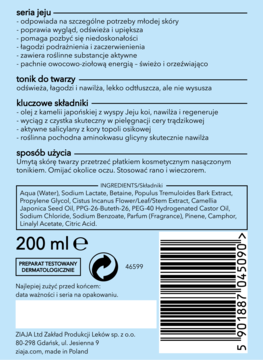Tylna etykieta toniku Ziaja Jeju Series, 200 ml, z opisem w języku polskim, instrukcjami i składem.