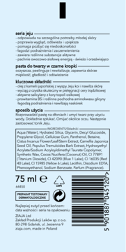 Tył białej tubki pasty do twarzy Jeju w czarne kropki 75 ml, z polskim opisem składu, użycia i kodem kreskowym.