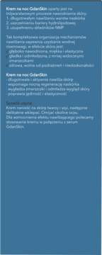 Tył opakowania kremu na noc GdańskSkin. Niebieskie tło z białym tekstem o właściwościach nawilżających i przeciwzmarszczkowych.