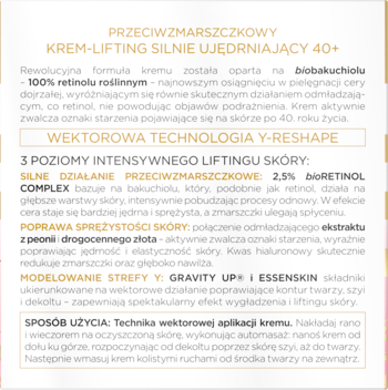 Fragment ulotki Kremu-Liftingu Silnie Ujędrniającego 40+ z opisem składu: bakuchiol, złoto, kwas hialuronowy.