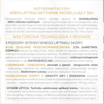 Fragment opisu kremu-liftingu 50+ z biobakuchiolem i technologią Y-RESHAPE, na białym tle ze złotymi ramkami.
