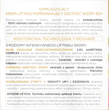 Opis kremu-liftingu 60+ na ulotce. Detale o biobakuchiolu i retinolu na złotym tle, widok z góry.