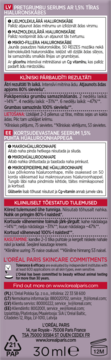 Tył opakowania serum L'Oréal Paris przeciw zmarszczkom 30ml z kwasem hialuronowym i opisem składników.