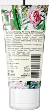 Tył tubki żelu do mycia twarzy Soraya Plante 50ml. Biała tuba z wzorem róż i aloesu, widoczny skład i kod kreskowy.