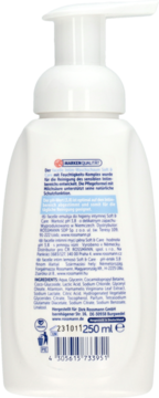 Tył białej butelki pianki intymnej Facelle Soft & Care, z pompką. Widoczne szczegółowe etykiety i składniki.