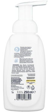 Tył białej butelki pianki intymnej Facelle Soft & Care 250ml, pH 3.8, etykieta z wegańską formułą i składem.