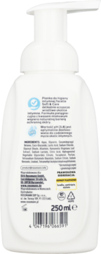 Tył białej butelki pianki do higieny intymnej Facelle Soft & Care 250ml, z widocznym składem, pH 3,8.
