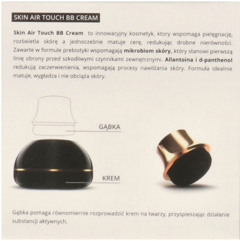 Czarne, złote opakowanie Skin Air Touch BB Cream, otwarte, z gąbką i kremem, obok złoty aplikator.