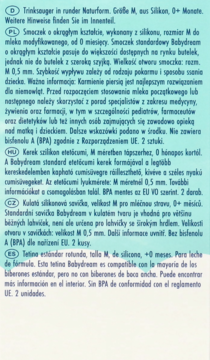 Etykieta produktowa smoczka Babydream, opis silikonowego smoczka rozmiar M, na jasnoniebieskim tle.