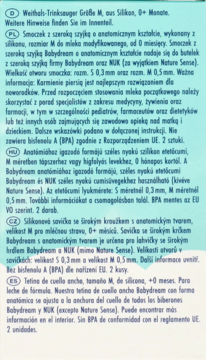 Babydream smoczek antykolkowy, ulotka z opisem cech, rozmiarów S/M i zastosowania w wielu językach.