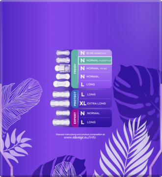 Zestawienie rozmiarów wkładek Always Dailies Fresh & Protect Flexistyle na fioletowym tle z liśćmi palmowymi.