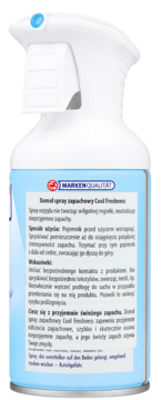 Tył butelki Domol Odświeżacz powietrza Cool Freshness spray, biała z niebieską etykietą i polskim tekstem.