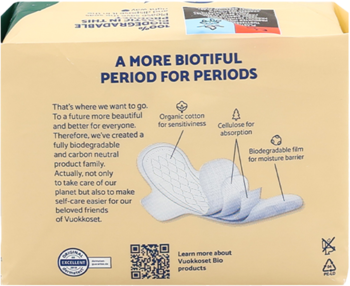 Tył kartonowego opakowania Vuokkoset 100% Bio Night Pads z opisem biodegradowalnych warstw: bawełna, celuloza.