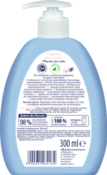 Tył jasnoniebieskiego mleczka do ciała Bobini Baby z pompką, widoczne etykiety i składniki po polsku, 300 ml.