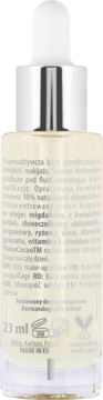 Tył butelki superodżywczej bazy NAM Oily Vitamin Booster, z opisem składu, certyfikatami i pojemnością 23 ml.