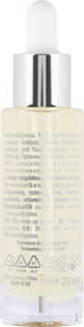 Tył szklanej butelki NAM Oily Vitamin Booster z zakraplaczem, widoczna lista składników i napis VEGAN 23 ml.