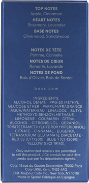 Tył niebieskiego opakowania perfum Boss z nutami zapachowymi (jabłko, cynamon) oraz składnikami i danymi producenta.