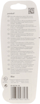 Tył opakowania niebieskiego długopisu Stabilo Pointball, wykonanego z 79% plastiku z recyklingu, z kodem kreskowym.