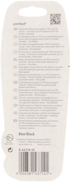 Tył opakowania długopisu pointball, niebiesko-czarny. Wykonany z 79% plastiku z recyklingu, z opisami i kodem EAN.