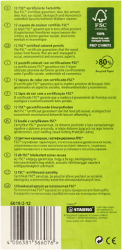 Tył opakowania 12 kredek FSC® STABILO w kolorze zielonym, z logo FSC i informacją o recyklingu papieru.