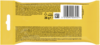 Tył żółtego opakowania karmy uzupełniającej Mars, widoczny kod kreskowy, waga 35g i drobny tekst.