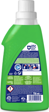 Tył zielonej butelki antybakteryjnego żelu Calgon Hygiene+ 750 ml, z czytelnymi etykietami i ostrzeżeniami.