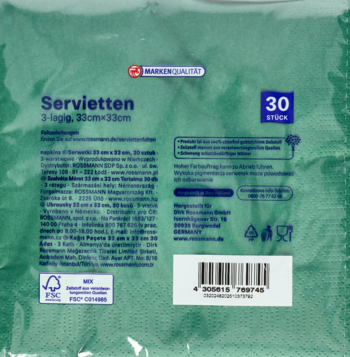 Zielone serwetki 3-warstwowe, 33x33 cm, 30 sztuk, widok tyłu opakowania z danymi produktu.