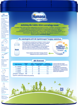 Tył niebieskiej puszki Humana 1, mleka początkowego dla niemowląt, z tabelą dawkowania i polskimi instrukcjami.