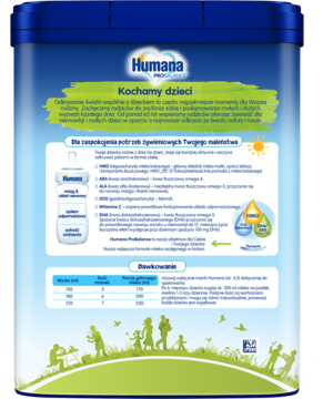 Tył niebieskiej puszki mleka następnego Humana 2 Probalance dla niemowląt, z opisem składników i dawkowania.