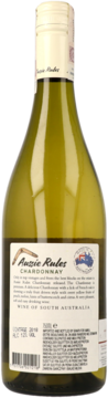 Tylny widok butelki białego wina Aussie Rules Chardonnay, zielone szkło, kremowa etykieta z opisem i rocznikiem 2018.