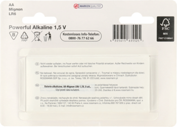 Tył opakowania baterii alkalicznych AA LR6 1,5V z kodem kreskowym, symbolami i ostrzeżeniami.