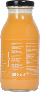 Tył butelki smoothie MISS BEAUTY (pomarańcza, marchew, marakuja) 250ml, widoczna biała etykieta.