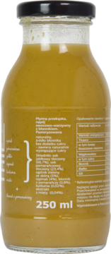 Tył szklanej butelki smoothie NO MORE STRESS 250ml, etykieta ze składem: pomarańcza, szpinak, kurkuma.