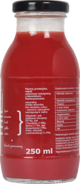 Tył butelki smoothie Healthy & Active. Czerwony napój owocowo-warzywny, widoczna etykieta z polskim opisem i pojemnością 250 ml.