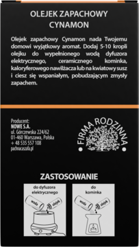 Czarne opakowanie olejku zapachowego Cynamon, widok przodu, z polskim tekstem i ilustracjami użycia.