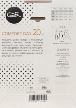 Tył beżowego opakowania rajstop Gatta Comfort Day 20 den, z opisem produktu, tabelą rozmiarów i kodem kreskowym.