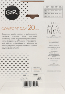 Tył beżowego opakowania rajstop Gatta Comfort Day 20 den, z polskim opisem, tabelą rozmiarów i kodem.