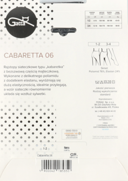 Tył opakowania rajstop Gatta CABARETTA 06, siateczkowych, z informacjami o rozmiarach, składzie i kodem kreskowym.