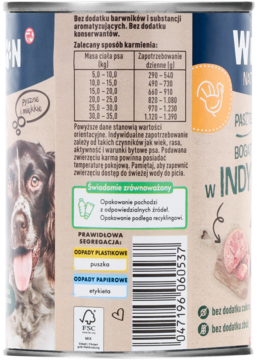 Tył puszki karmy Winston Nature dla psa z indykiem, bez zbóż, tabela karmienia.