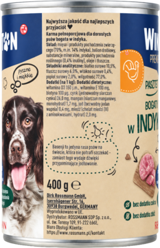 Tył puszki karmy Winston Nature dla psa z indykiem. Opis produktu, skład, waga 400g, z psem rasy Cocker Spaniel.